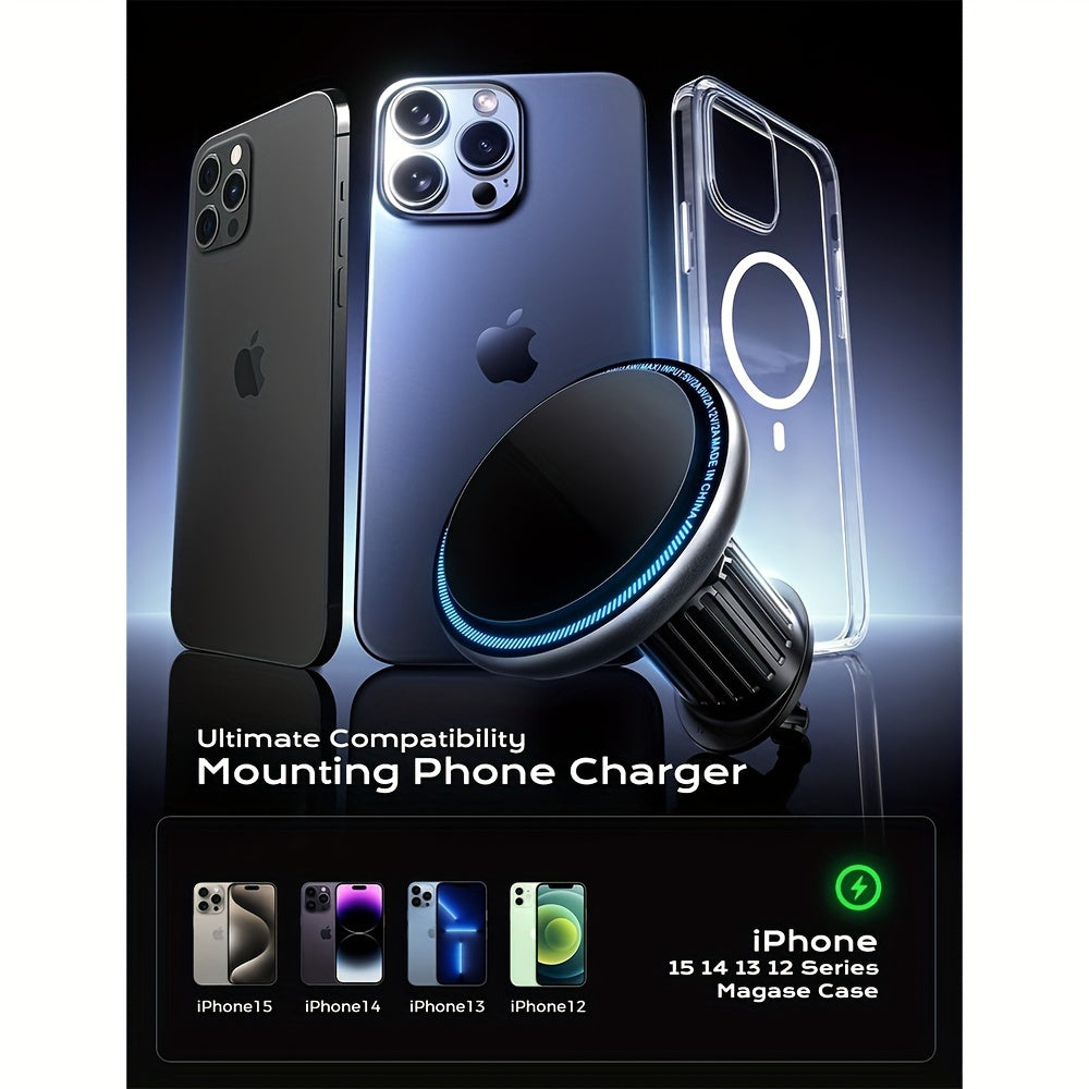 Car Mount Charger, 15W Fast Charging LED Magnetic Wireless Car Charger, Air Vent Phone Holders for Your Car Car Phone Holder for iPhone 15/14/13/12 Fast Charging Case