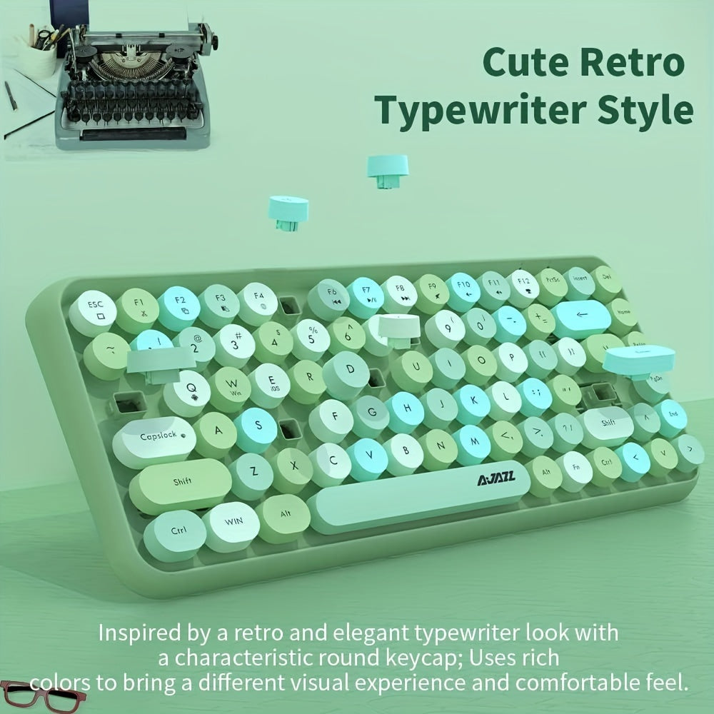 AJAZZ NACODEX 84 Keys Pink Wireless Keyboard With Cute Retro Round Keycaps, Comfortable Ergonomic Typewriter Keyboard Compatible With Android Windows IOS Suitable For Home And Office Keyboards