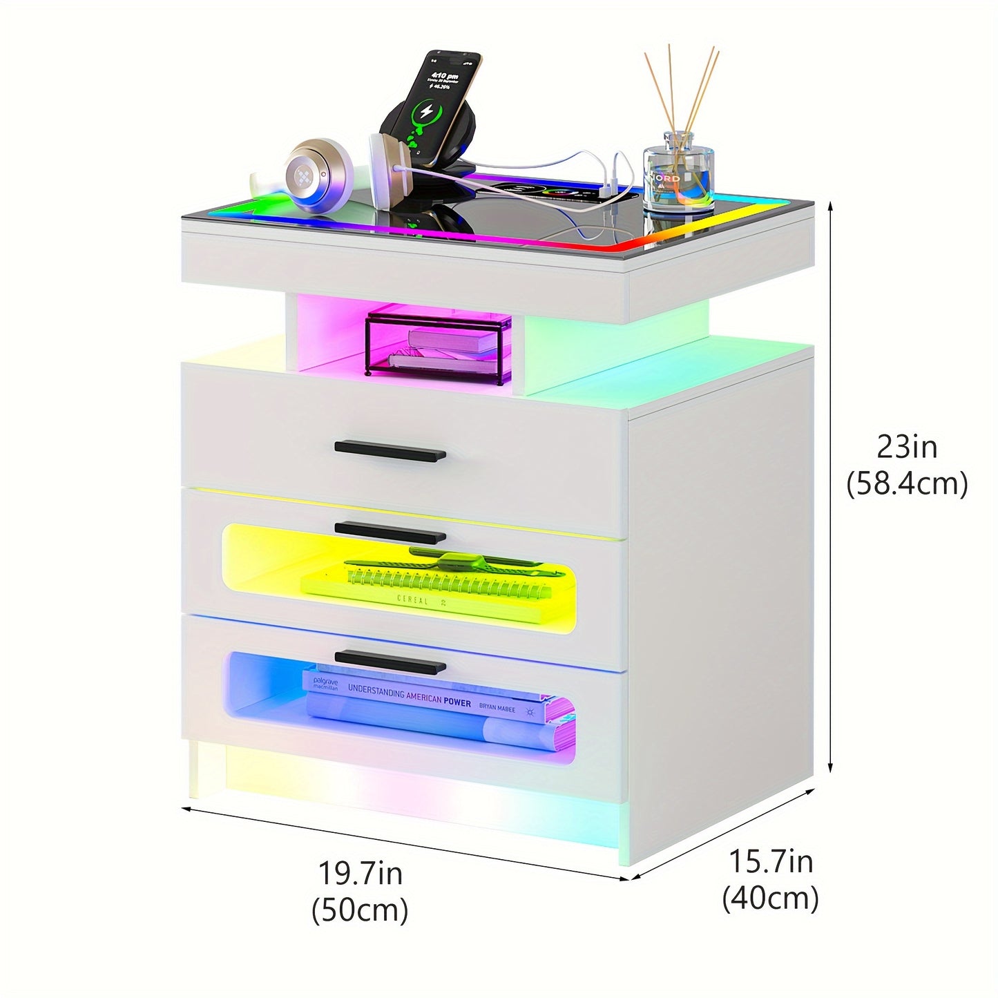 HNEBC Smart Nightstand With Charging Station, Bedside Table With 2 Drawers & One Jewelry Storage, RGB LED Night Stand With Motion Sensor Lights, Side Table With Glass Top/Remote Control