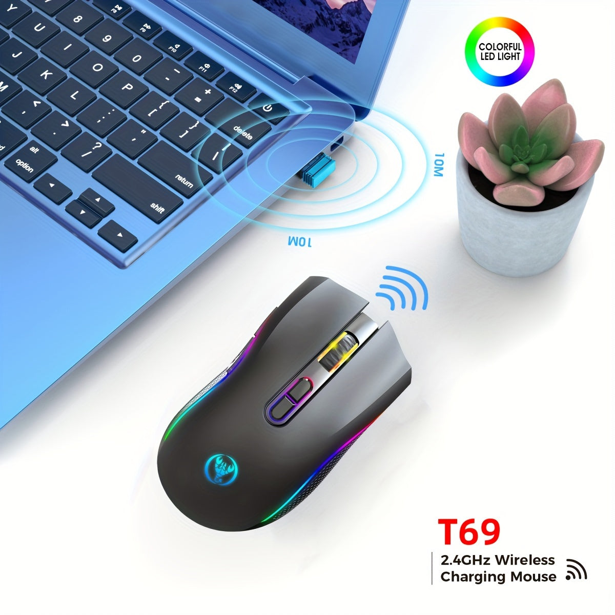 HXSJ RGB Wireless Mouse - 2.4G, Rechargeable with USB Plug & Play, Adjustable DPI up to 4800, Optical Sensor for Gaming and Office Use, Black/White