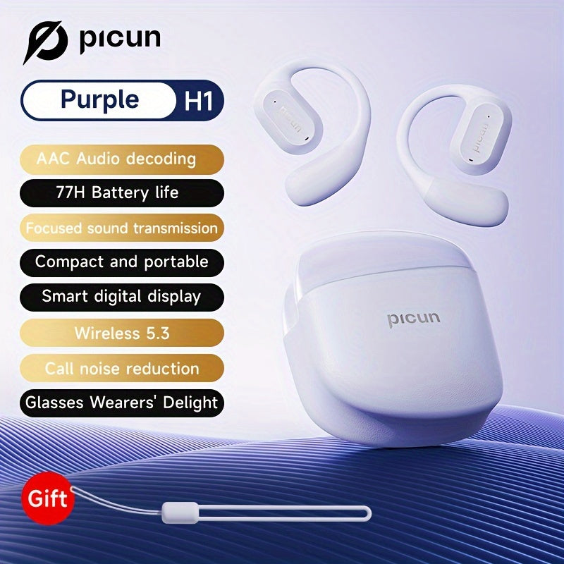 Picun H1 Ultra-Lightweight Wireless Earbuds - True Open Ear Design for Unmatched Comfort - HD Sound with CVC Noise Cancellation - LED Power Display & Touch Control - Perfect for Running, Cycling, and Workouts