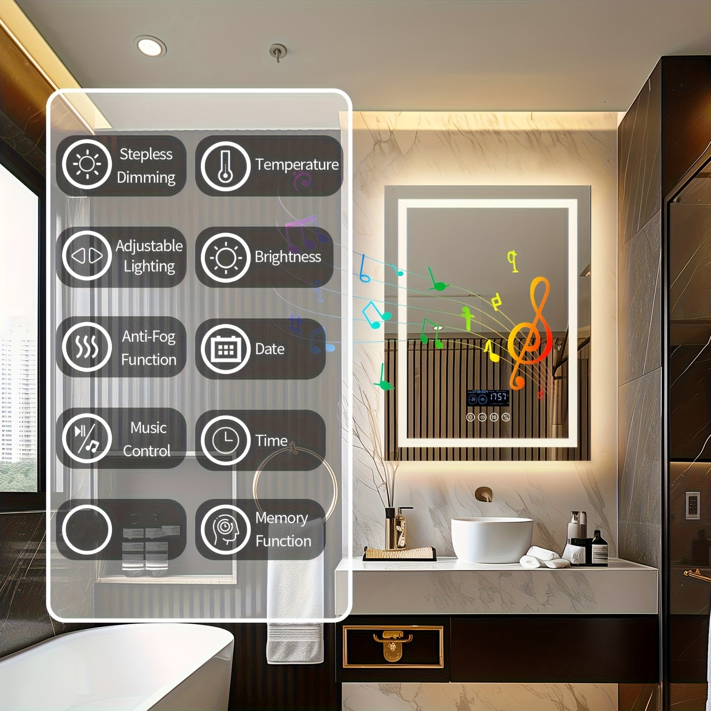 28" X 36" LED Lighted Bathroom Mirror Lighted Bathroom Music Mirror With Dual LED Light Strips Smart Wall Vanity Mirror, Front-lit, Dimming, Date And Time