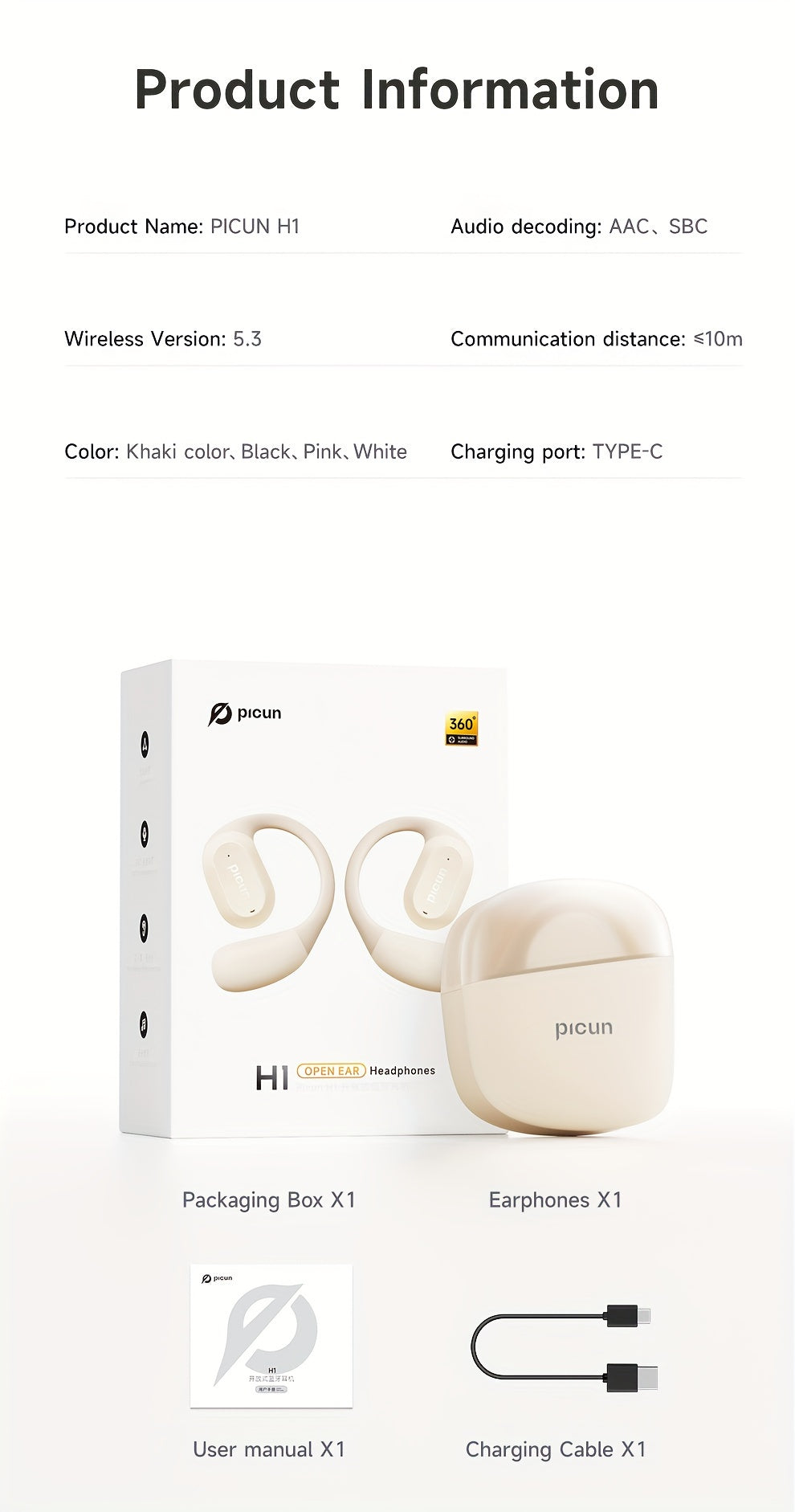 Picun H1 Ultra-Lightweight Wireless Earbuds - True Open Ear Design for Unmatched Comfort - HD Sound with CVC Noise Cancellation - LED Power Display & Touch Control - Perfect for Running, Cycling, and Workouts