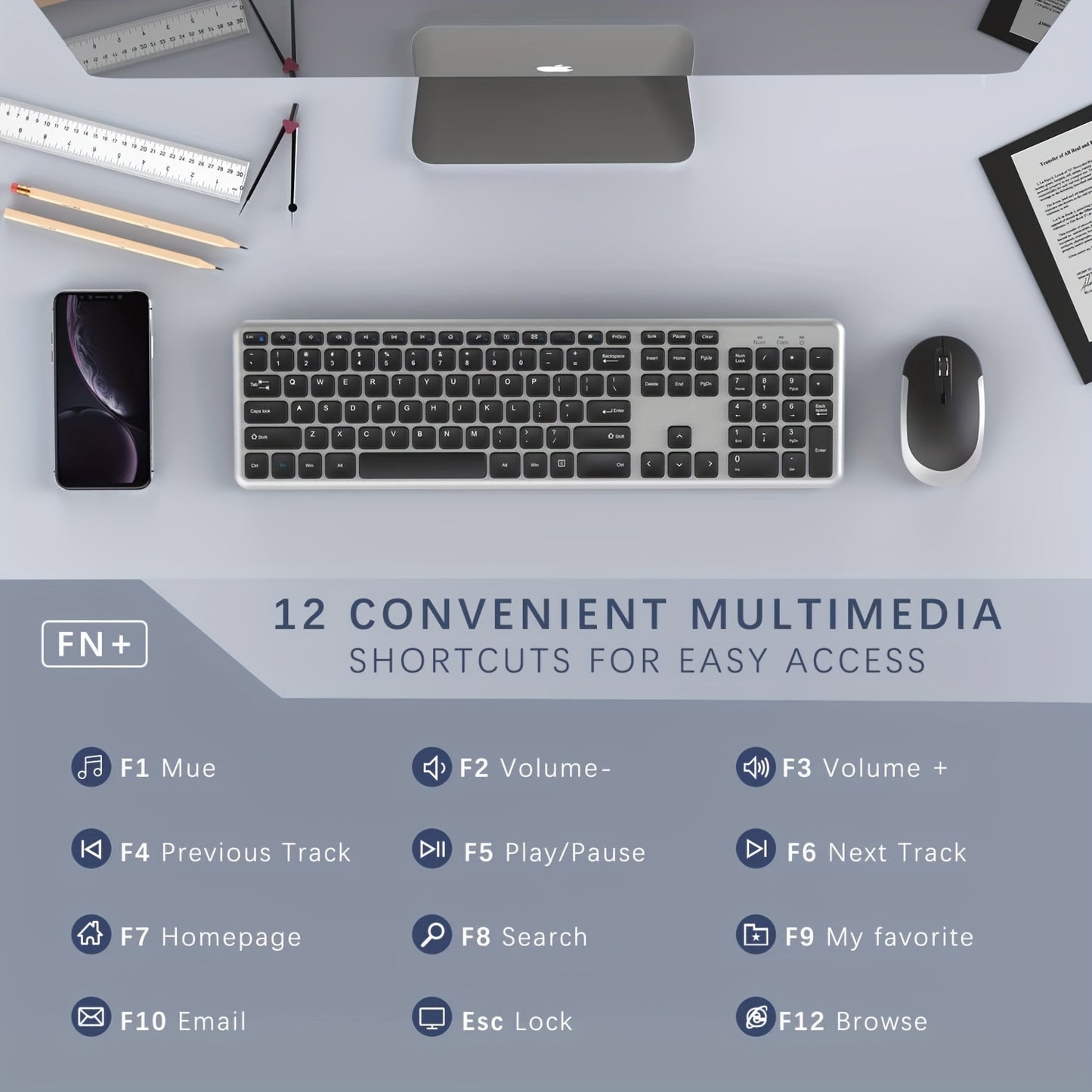 Wireless Keyboard And Mouse Combo, 2.4GHz Ultra Thin Full Size Wireless Keyboard Mouse Set For Laptop, PC, Desktop, Windows 7, 8, 10, Black And Silver