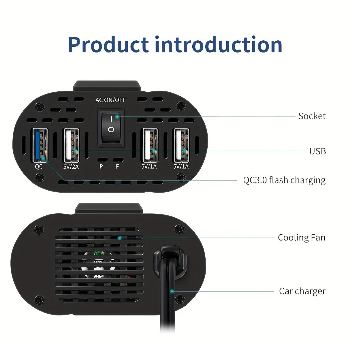Car Power Inverter Converter - 500W Peak, DC 12V to AC 110V, LCD Display, Dual AC Outlets, 4 USB Car Chargers, Suitable for Cars, Homes, Laptops, Trucks, US Plug Car