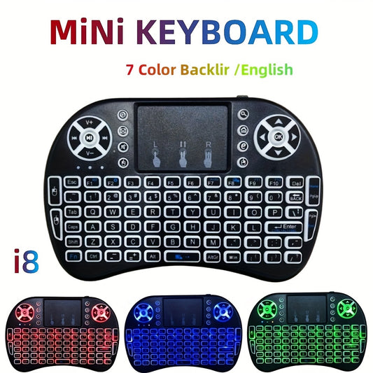 W WUDUNG I8 Mini Wireless Keyboard with Air Mouse & Touchpad - 2.4G Handheld Remote, English Layout, 7-Color Backlit for Android TV Box & PC