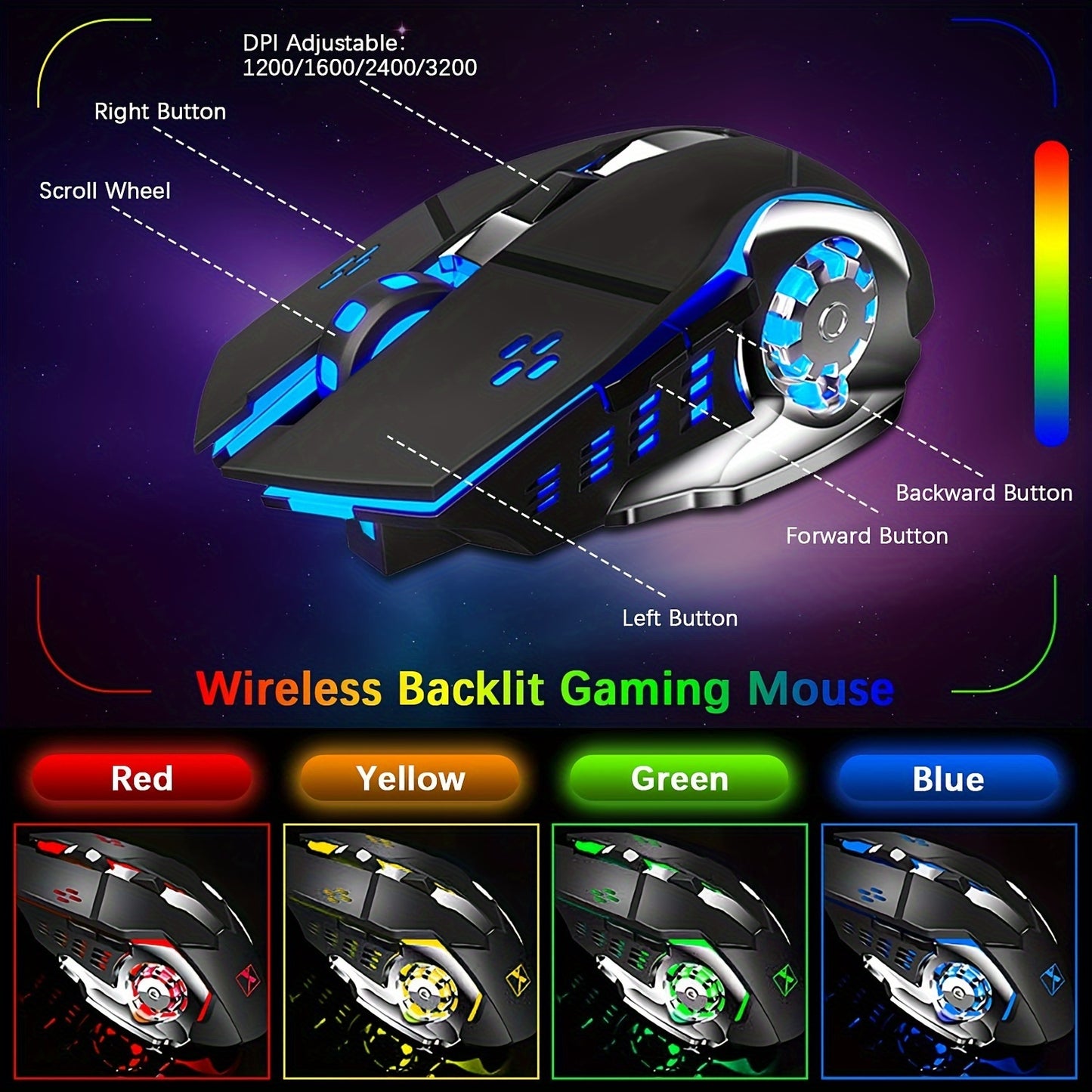 FreeWolf Wireless Keyboard and Mouse, Rainbow LED Backlit Rechargeable Keyboard Mouse with 3800mAh Battery Metal Panel, Removable Hand Rest Mechanical Feel Keyboard and 7 Color Gaming Mute Mouse for PC Gamers