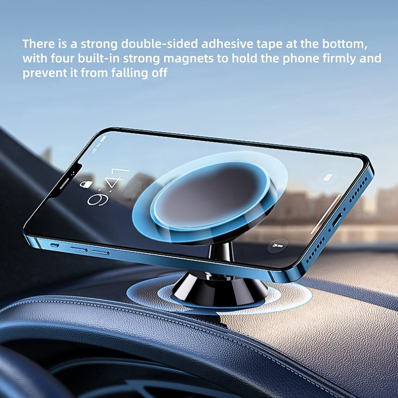 Magnetic Car Phone Mount, Aluminum Alloy Strong Magnet Holder, 360° Rotation Dashboard Stand, Waterproof, Universal Compatibility with Smartphones, No Charge Needed, Metal Bracket with 4 Powerful Built-in Magnets