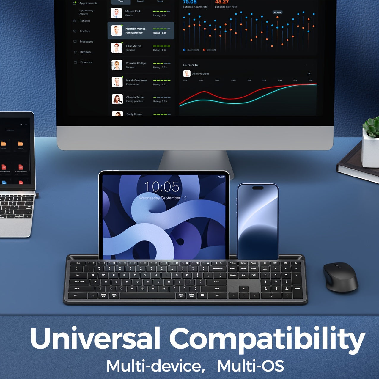 Wireless Keyboard, Multi-Device 2.4G/Wireless Keyboard Ultra-Slim Full Size Computer Keyboard With Numeric Pad, Pad Keyboard With Tablet Holder, Quiet USB Keyboard For iPad, iPhone, Laptop, PC, Mac, Black