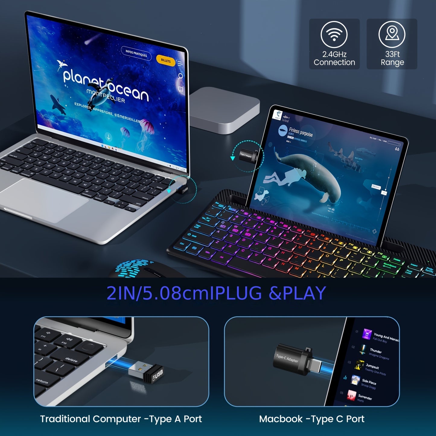 Wireless Keyboard and Mouse Combo - 15 Backlit Effects, Rechargeable, Silent, 2.4G, Type C Adapter, Phone/Tablet Holder - Perfect for PC, Laptop, MacBook, and More