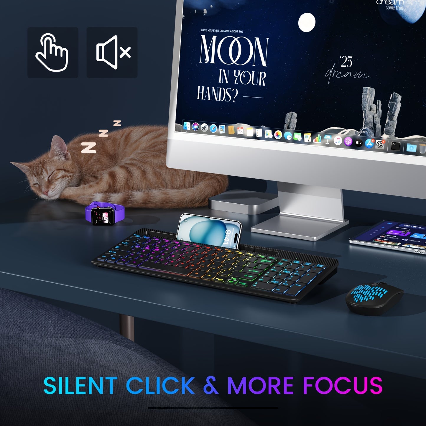 Wireless Keyboard and Mouse Combo - 15 Backlit Effects, Rechargeable, Silent, 2.4G, Type C Adapter, Phone/Tablet Holder - Perfect for PC, Laptop, MacBook, and More