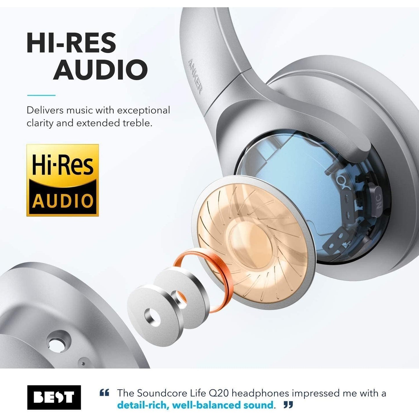 Refurbished- Soundcore by Anker Life Q20 Hybrid Active Noise Cancelling Headphones, Wireless Over-Ear Bluetooth Headphones with 40H Playtime, Hi-Res Audio, Deep Bass, Memory Foam Ear Cups and Headband