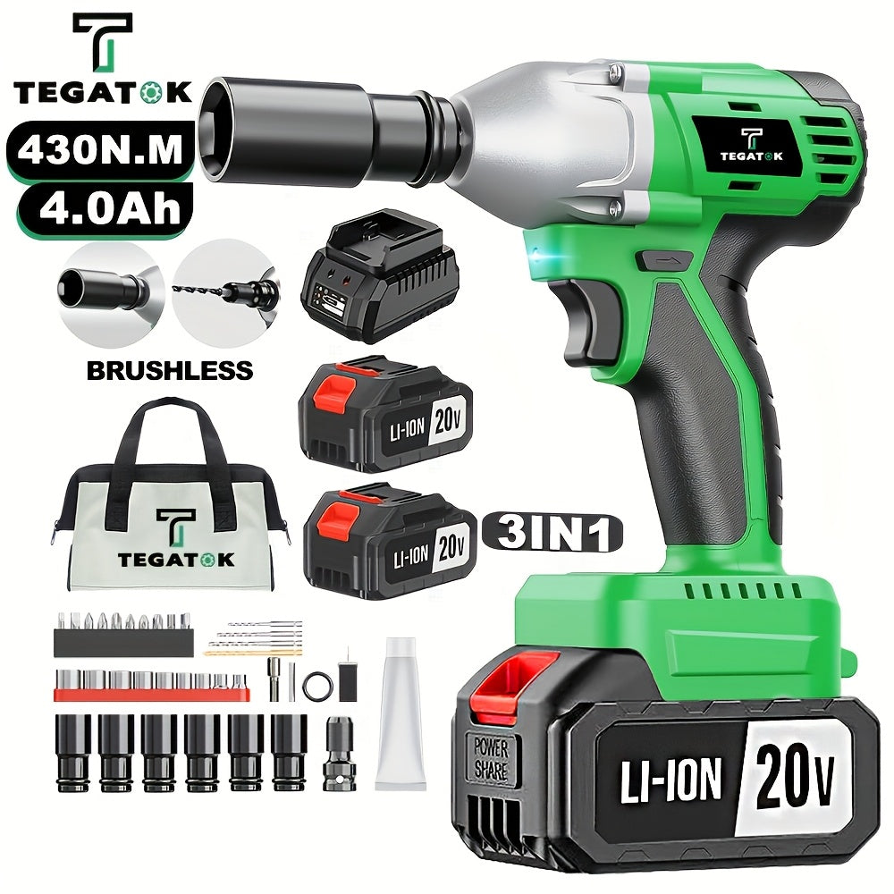 Tegatok Cordless Impact Wrench | 430N.m Brushless Motor | 2400 RPM | 4000mAh Li-ion Battery | Fast Charger | Multi-Size Sockets & Accessories | Reversible Auto-Stop | Ergonomic Design | Ideal for Home & Car Use