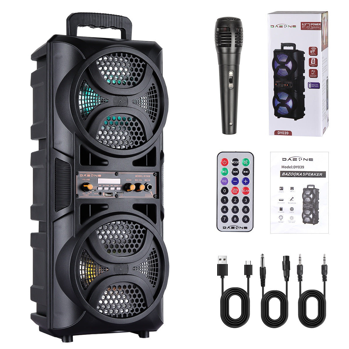 Portable Wireless PA Speaker, Bluetooth Speakers Loud Sound Powerful Subwoofer System, Support AUX USB FM Wired Microphone Audio Input, Built-in Rechargeable Battery Speaker with LED Light, Wired Microphone and Remote Control
