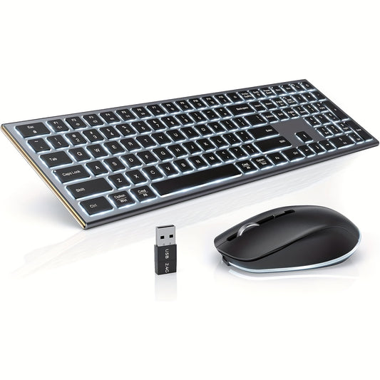 Rechargeable Backlit Wireless Keyboard and Mouse Set, Full Size, Silent Click, USB-C & 2.4G Compatible with Mac OS, Windows 7/8/10, Ideal for MacBook Air/Pro, Laptops - Includes Type-C Cable, Wireless Mouse for Laptop