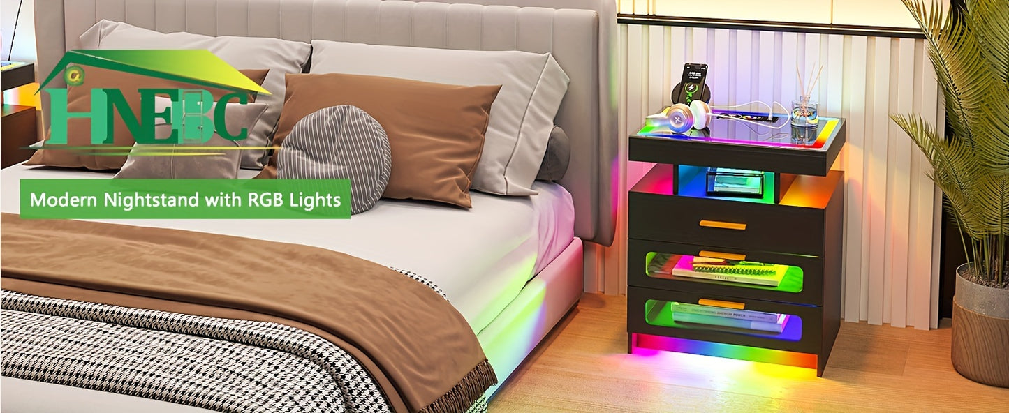 HNEBC Smart Nightstand With Charging Station, Bedside Table With 2 Drawers & One Jewelry Storage, RGB LED Night Stand With Motion Sensor Lights, Side Table With Glass Top/Remote Control