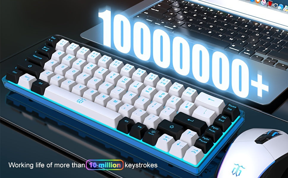 Snpurdiri 60% Wireless Gaming Keyboard and Mouse Combo, Ice Blue Backlit, Rechargeable 2000mAh Battery, Compact Anti-Ghosting Design, Includes RGB Mice for PC & Laptop - White & Black, Gaming Accessories | Compact Keyboard La