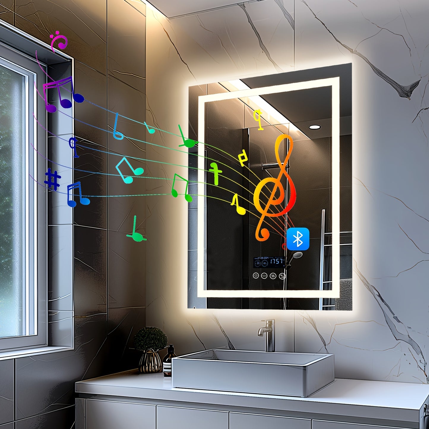 28" X 36" LED Lighted Bathroom Mirror Lighted Bathroom Music Mirror With Dual LED Light Strips Smart Wall Vanity Mirror, Front-lit, Dimming, Date And Time
