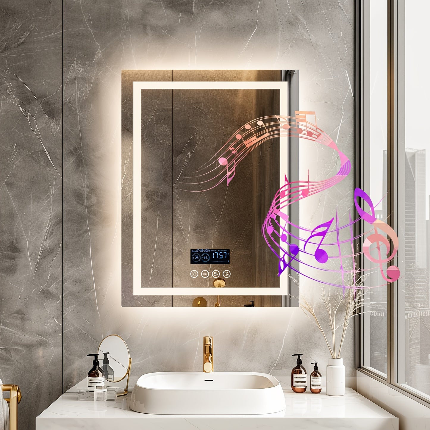 28" X 36" LED Lighted Bathroom Mirror Lighted Bathroom Music Mirror With Dual LED Light Strips Smart Wall Vanity Mirror, Front-lit, Dimming, Date And Time
