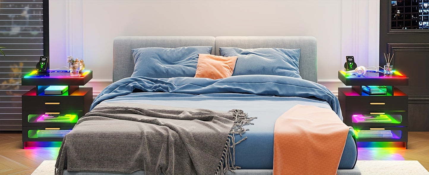 HNEBC Smart Nightstand With Charging Station, Bedside Table With 2 Drawers & One Jewelry Storage, RGB LED Night Stand With Motion Sensor Lights, Side Table With Glass Top/Remote Control