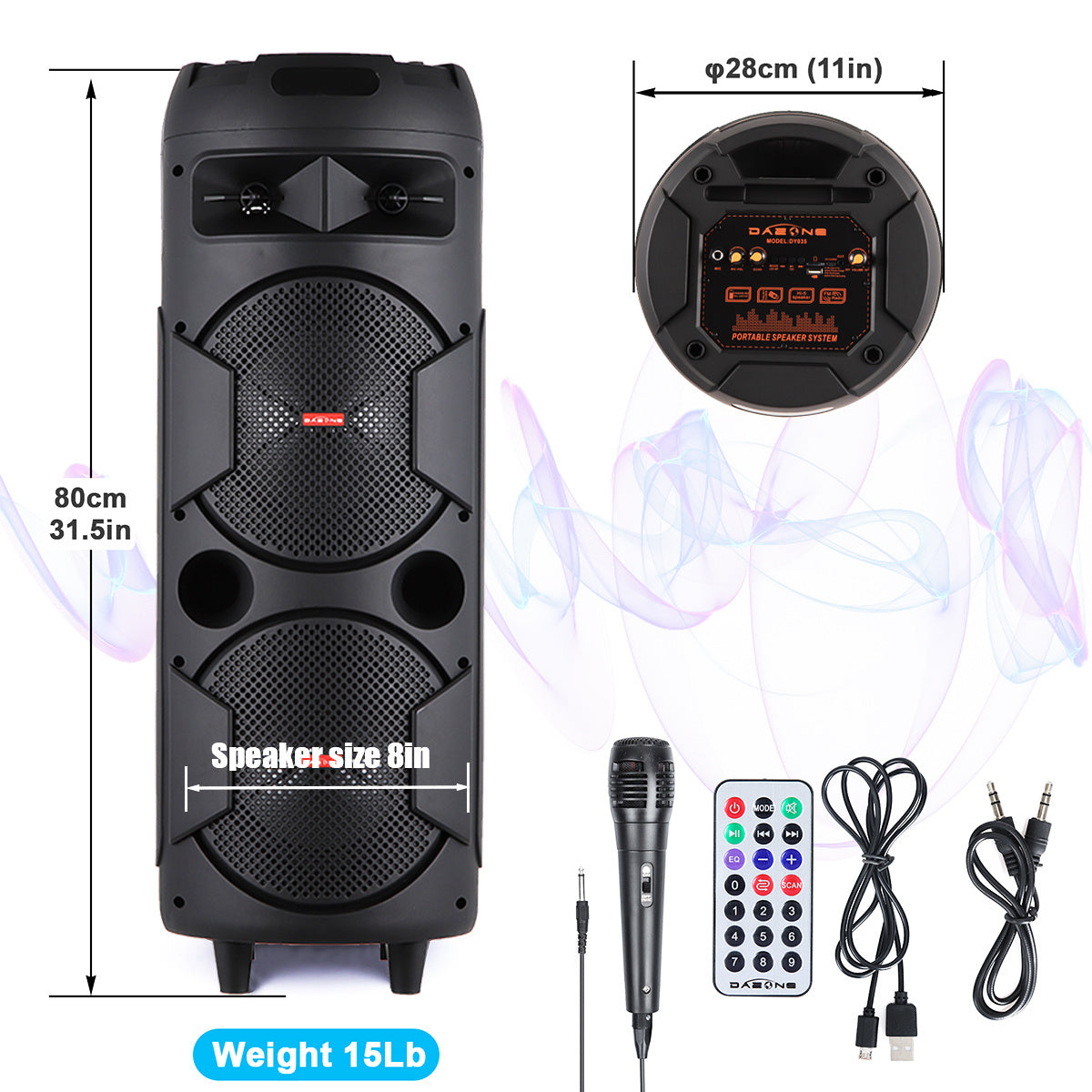 Portable Wireless PA Speaker, Bluetooth Speakers Loud Sound Powerful Subwoofer System, Support AUX USB FM Wired Microphone Audio Input, Built-in Rechargeable Battery Speaker with LED Light, Wired Microphone and Remote Control
