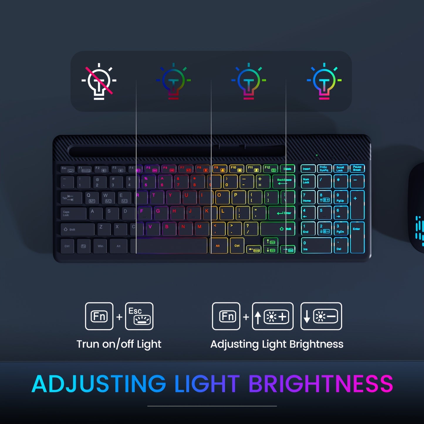 Wireless Keyboard and Mouse Combo - 15 Backlit Effects, Rechargeable, Silent, 2.4G, Type C Adapter, Phone/Tablet Holder - Perfect for PC, Laptop, MacBook, and More