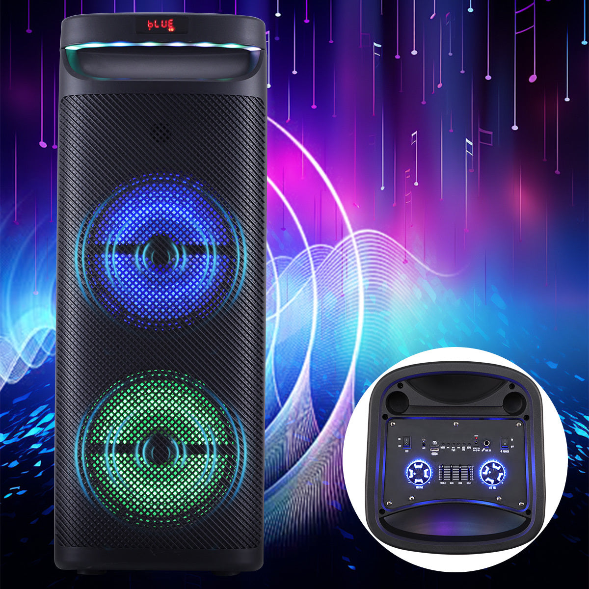 Portable Wireless PA Speaker, Bluetooth Speakers Loud Sound Powerful Subwoofer System, Support AUX USB FM Wired Microphone Audio Input, Built-in Rechargeable Battery Speaker with LED Light, Wired Microphone and Remote Control