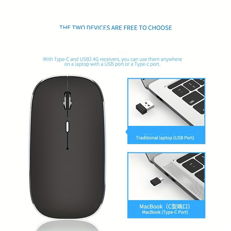 1pc Type-C Rechargeable Wireless Mouse with 2.4G Dual Receiver, Silent Operation, Durable Plastic Build, Long-Lasting Lithium Polymer Battery - Compatible with Multiple Devices
