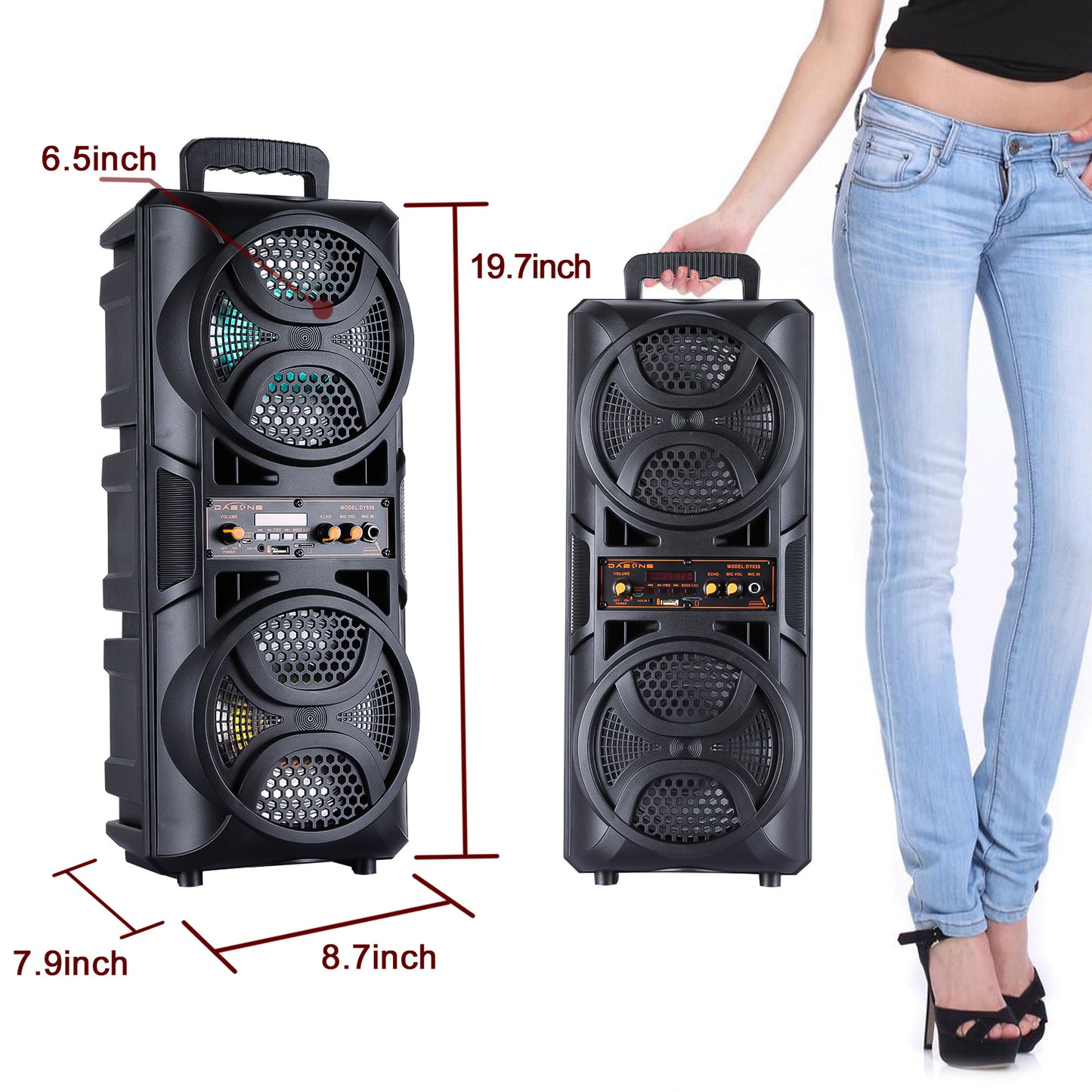 Portable Wireless PA Speaker, Bluetooth Speakers Loud Sound Powerful Subwoofer System, Support AUX USB FM Wired Microphone Audio Input, Built-in Rechargeable Battery Speaker with LED Light, Wired Microphone and Remote Control