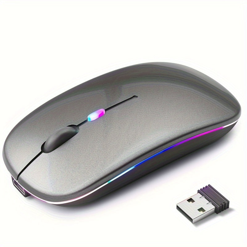 Ultra-Slim Wireless Mouse with LED Lighting - Dual Mode Rechargeable, Silent Operation, Portable Wireless 5.2+USB Receiver for Laptops, Desktops & Tablets