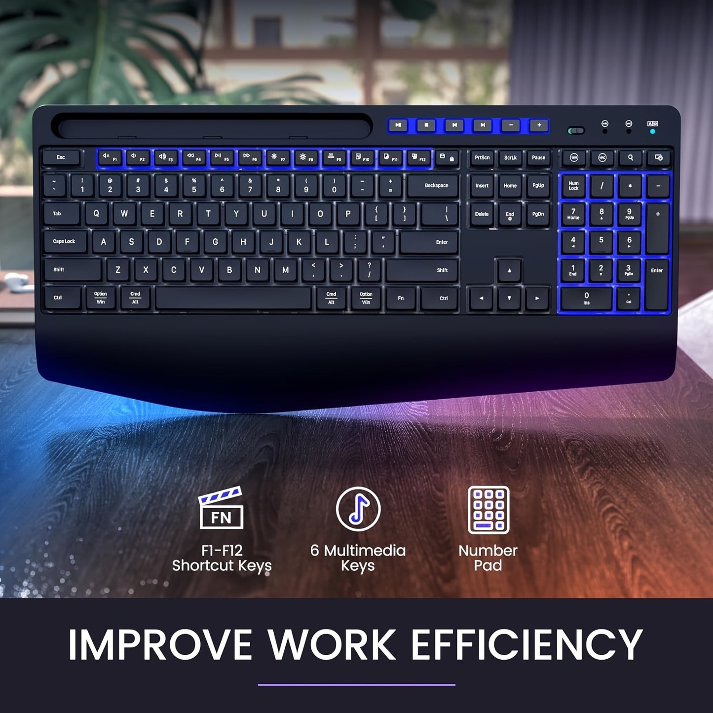 Wireless Keyboard And Mouse RGB Backlit- 2.4G Rechargeable Keyboard Full-Size with Phone/Tablet Holder, Silent Ergonomic Wireless Keyboard Mouse Combo for Computer, PC, Laptop for New Year Gift