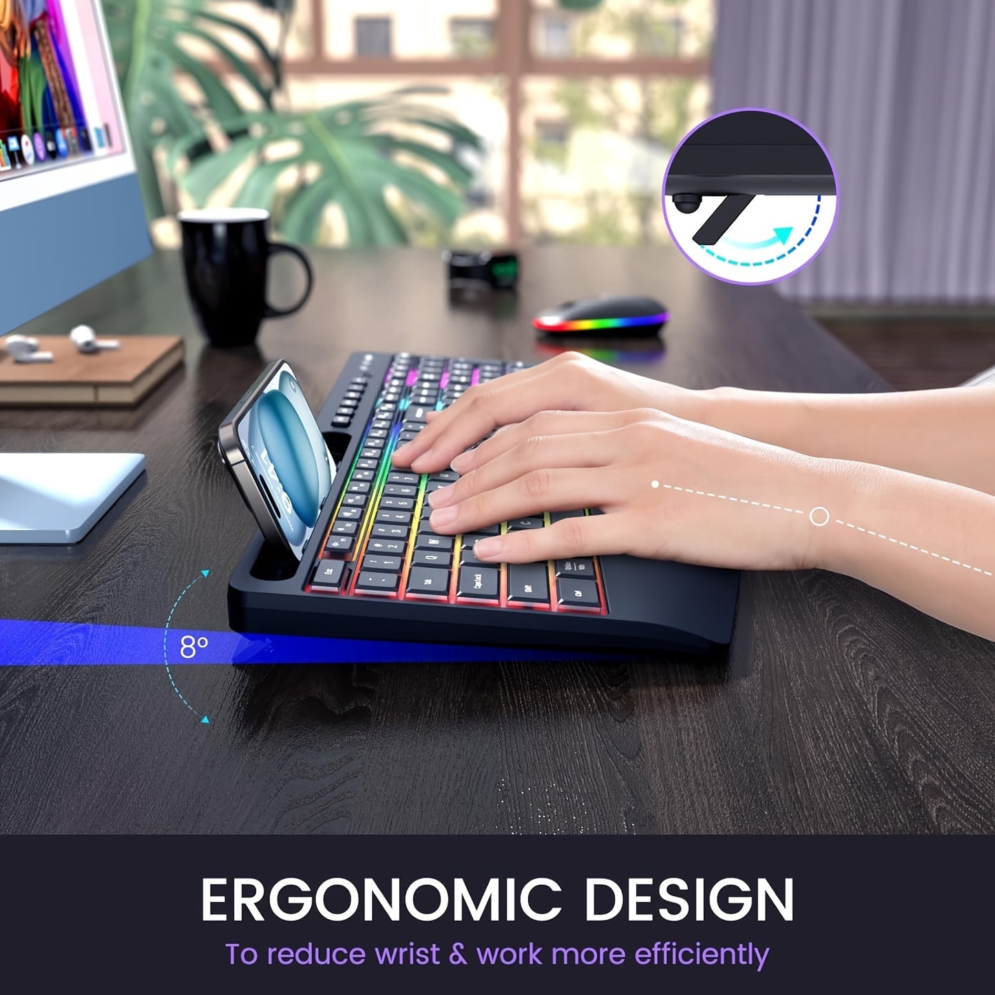 Wireless Keyboard And Mouse RGB Backlit- 2.4G Rechargeable Keyboard Full-Size with Phone/Tablet Holder, Silent Ergonomic Wireless Keyboard Mouse Combo for Computer, PC, Laptop for New Year Gift