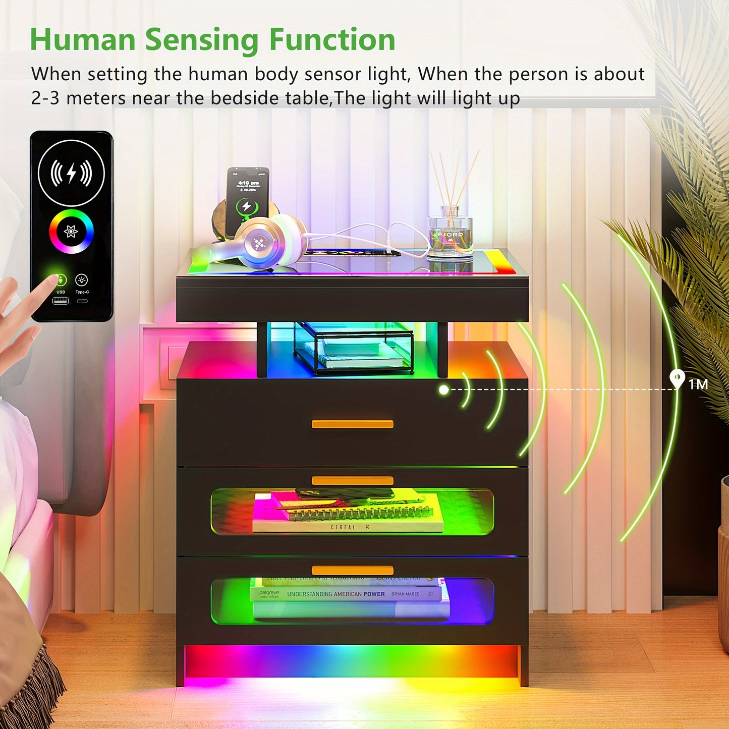 HNEBC Smart Nightstand With Charging Station, Bedside Table With 2 Drawers & One Jewelry Storage, RGB LED Night Stand With Motion Sensor Lights, Side Table With Glass Top/Remote Control