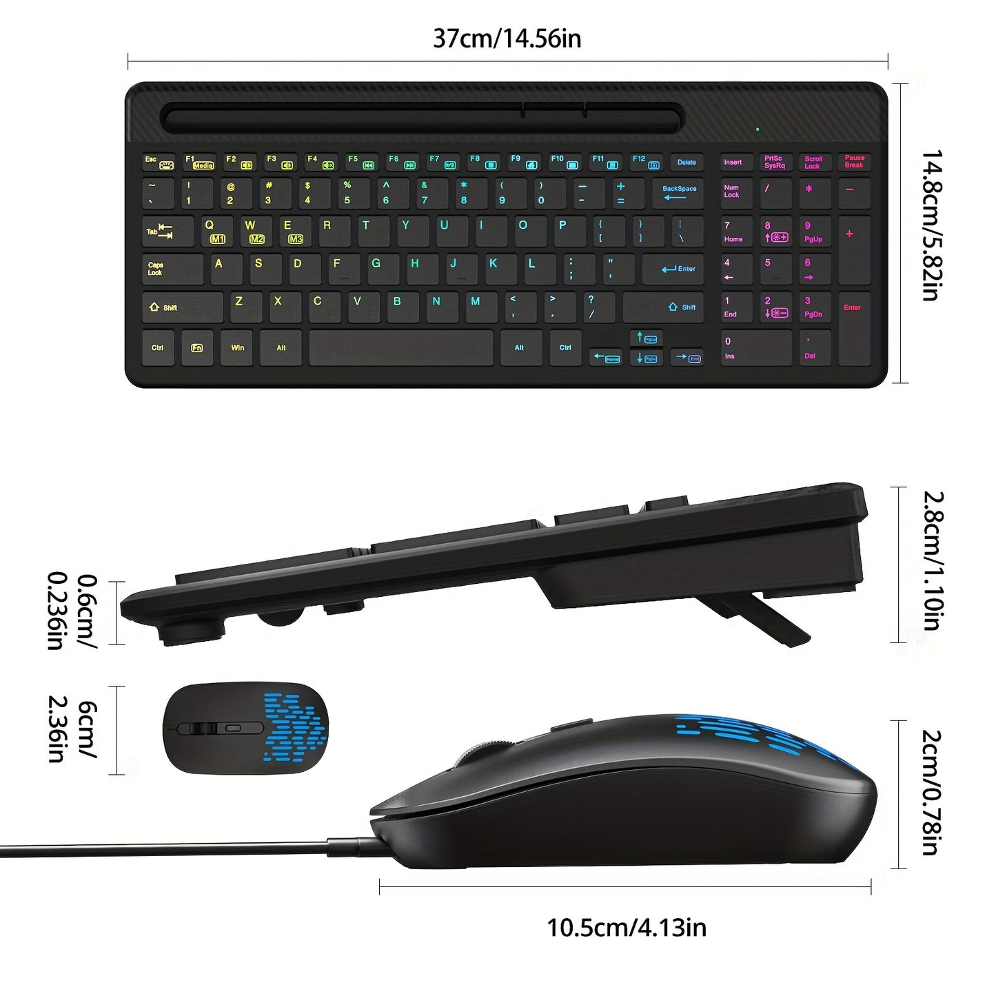 Wireless Keyboard and Mouse Combo - 15 Backlit Effects, Rechargeable, Silent, 2.4G, Type C Adapter, Phone/Tablet Holder - Perfect for PC, Laptop, MacBook, and More