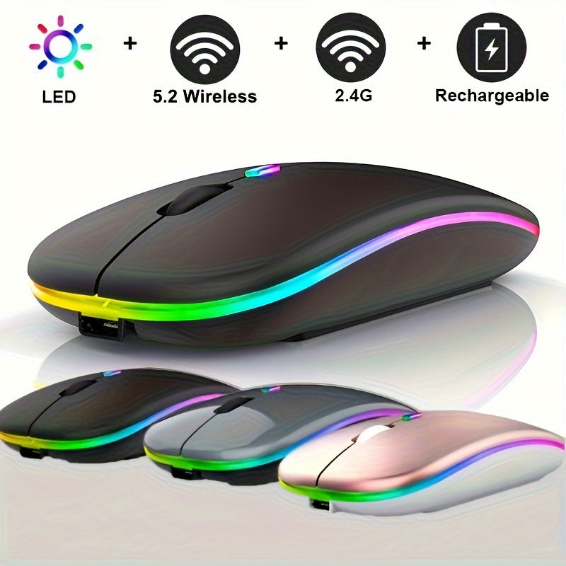 Ultra-Slim Wireless Mouse with LED Lighting - Dual Mode Rechargeable, Silent Operation, Portable Wireless 5.2+USB Receiver for Laptops, Desktops & Tablets