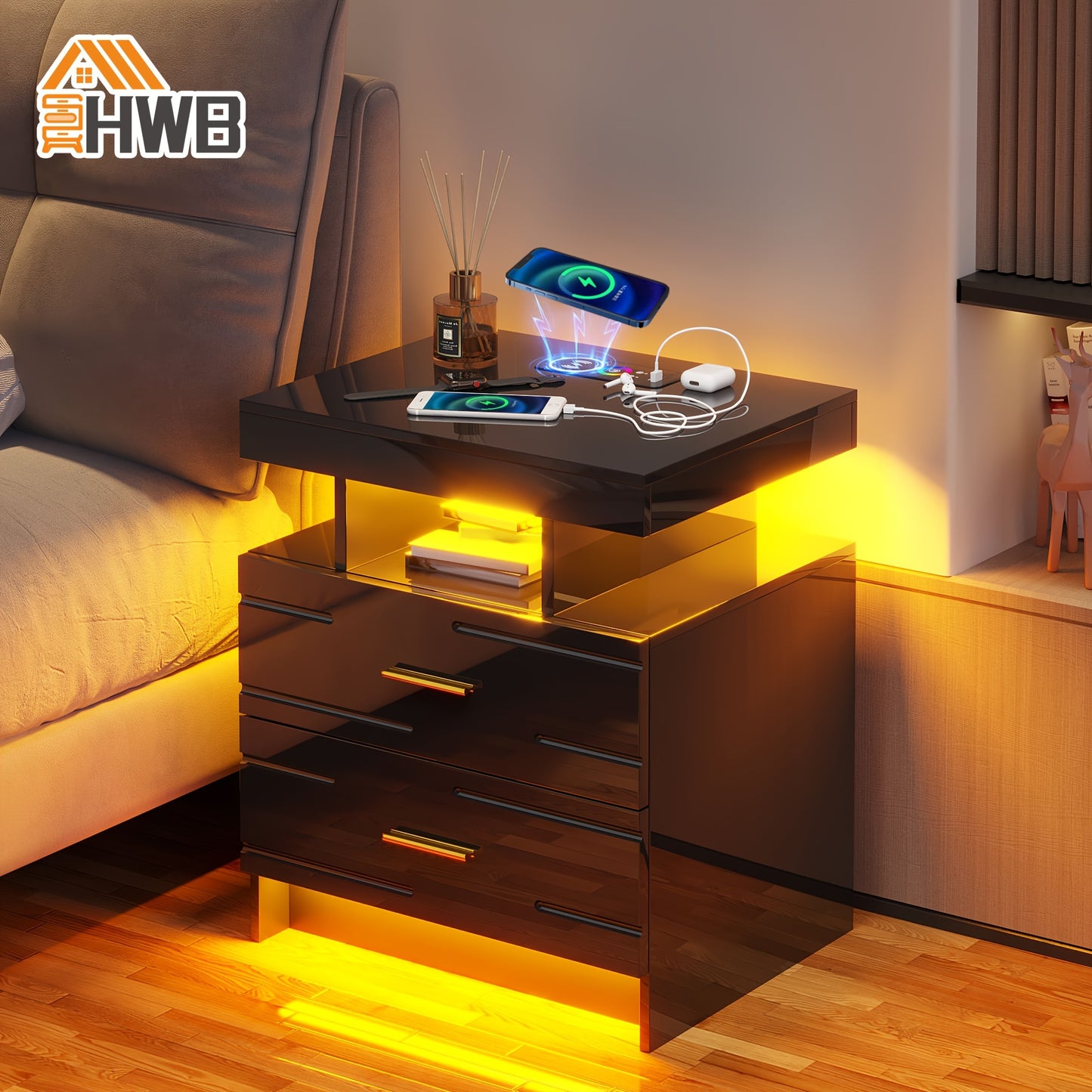 HWB LED Nightstand with Motion Sensor Lights, Modern Bedside Table with Wireless Charging Station, Smart Night Stand with Drawers/ RGB Lights, High Gloss Bed Side Table for Bedroom/ Living Room