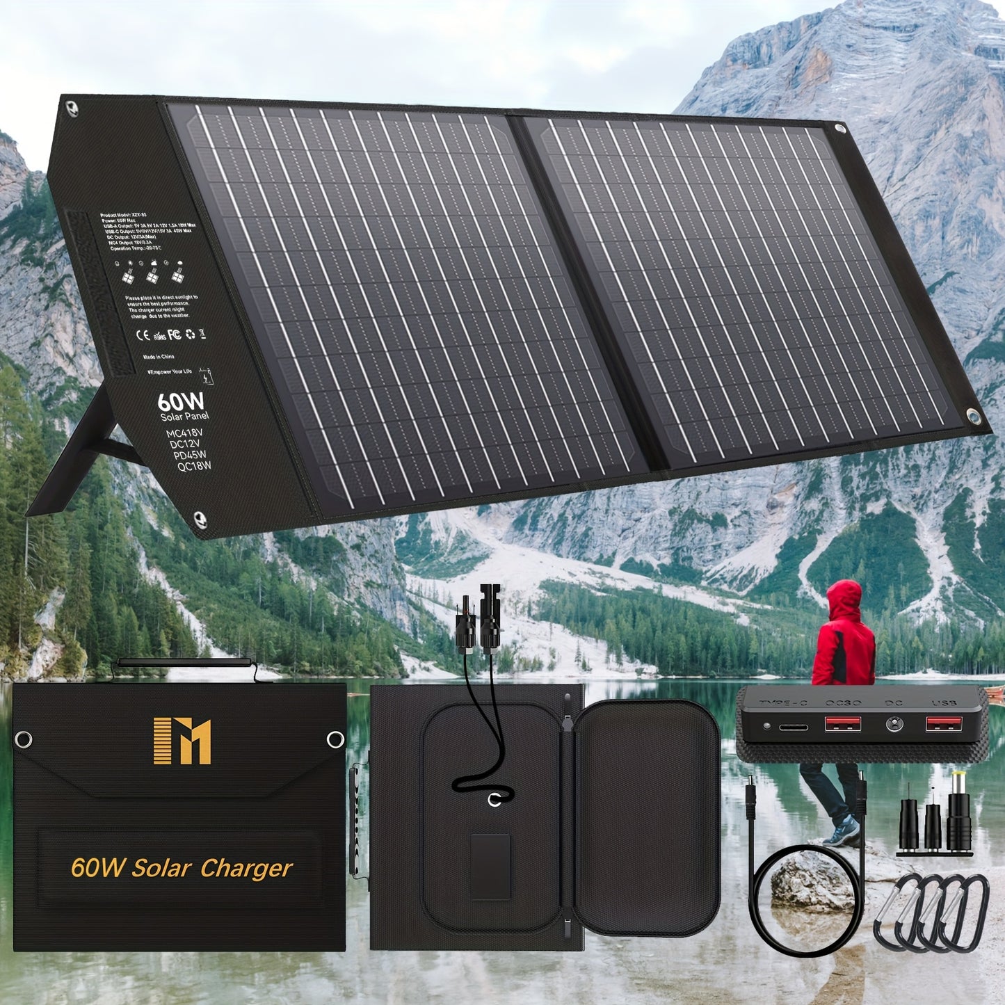 Compact | Mesuvida 60W Portable Solar Charger - Foldable Panel with 18V MC4 Port, Dual USB-A (QC3.0), USB-C (PD18W) for Power Banks & Phones - Lightweight & Durable for Camping, Hiking, Travel Adventures, Travel Charger | Fol