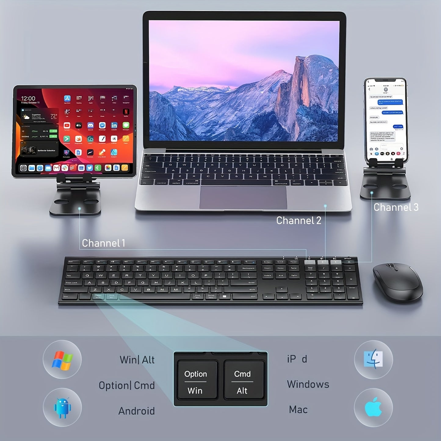 Wireless Keyboard And Mouse Combo, Multi-Device Rechargeable Keyboard And Mouse Set, Ultra-Slim Dual-Mode (BT 4.0 + USB) Keyboard And Mouse For Windows/ Mac OS/ IOS/ Android