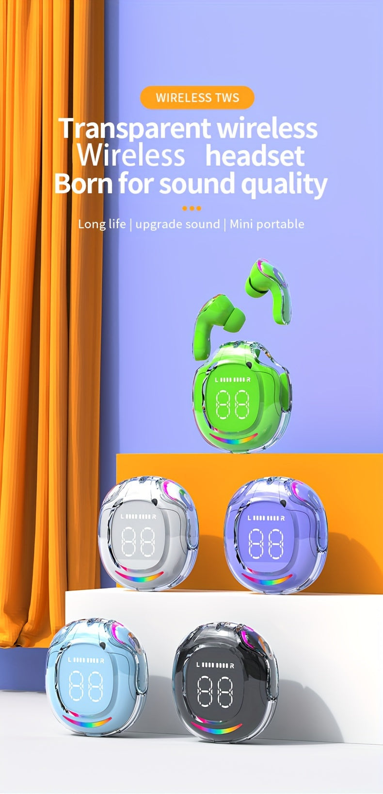 Wireless 5.4 Wireless Earbuds Built-in Ambient Lighting Sports Gaming Headset Bass Touch Control Headset Digital Display