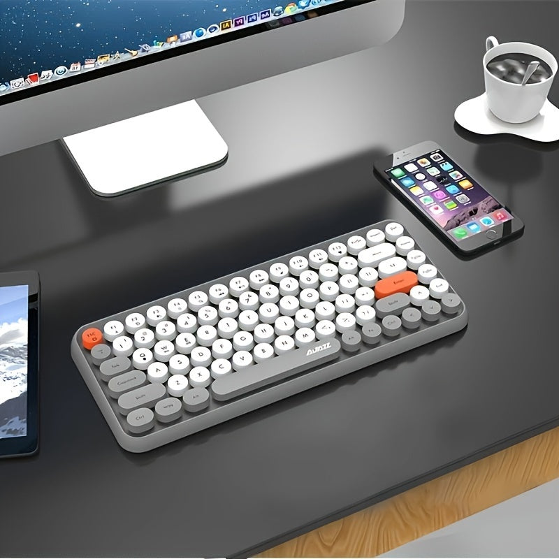 AJAZZ NACODEX 84 Keys Pink Wireless Keyboard With Cute Retro Round Keycaps, Comfortable Ergonomic Typewriter Keyboard Compatible With Android Windows IOS Suitable For Home And Office Keyboards