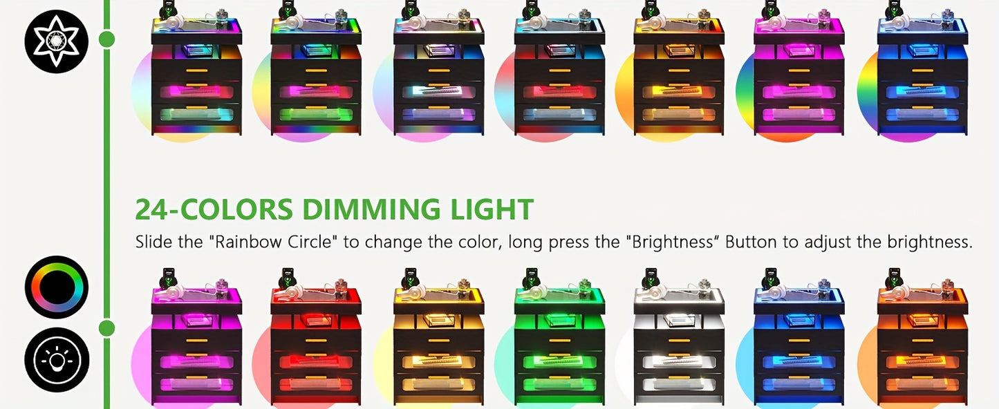 HNEBC Smart Nightstand With Charging Station, Bedside Table With 2 Drawers & One Jewelry Storage, RGB LED Night Stand With Motion Sensor Lights, Side Table With Glass Top/Remote Control