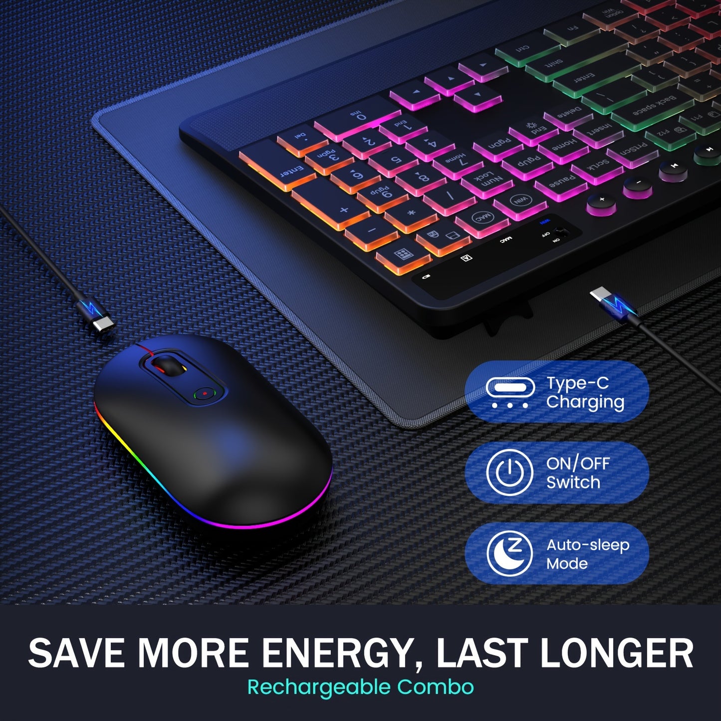 Wireless Keyboard And Mouse Backlit, 2.4GHz Lag-Free Rechargeable Keyboard Full-Size With Phone Holder Tablet Holder, Silent Ergonomic Wireless Keyboard Mouse Combo For Computer, PC, Laptop