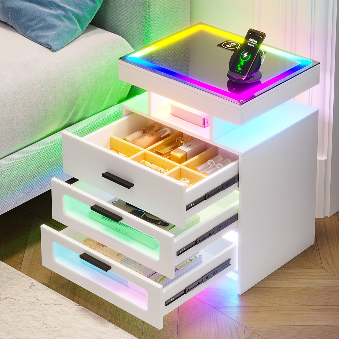 HNEBC Smart Nightstand With Charging Station, Bedside Table With 2 Drawers & One Jewelry Storage, RGB LED Night Stand With Motion Sensor Lights, Side Table With Glass Top/Remote Control