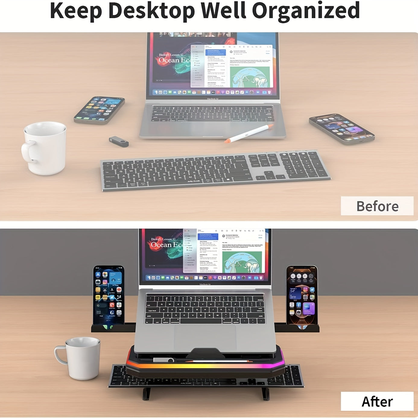 Laptop Stand With Two Mobile Phone Holders Height-Adjustable Notebook Stand With RGB Lighting Laptop Holder Compatible With MacBook Surface Samsung Dell 10-17 Inch Laptops