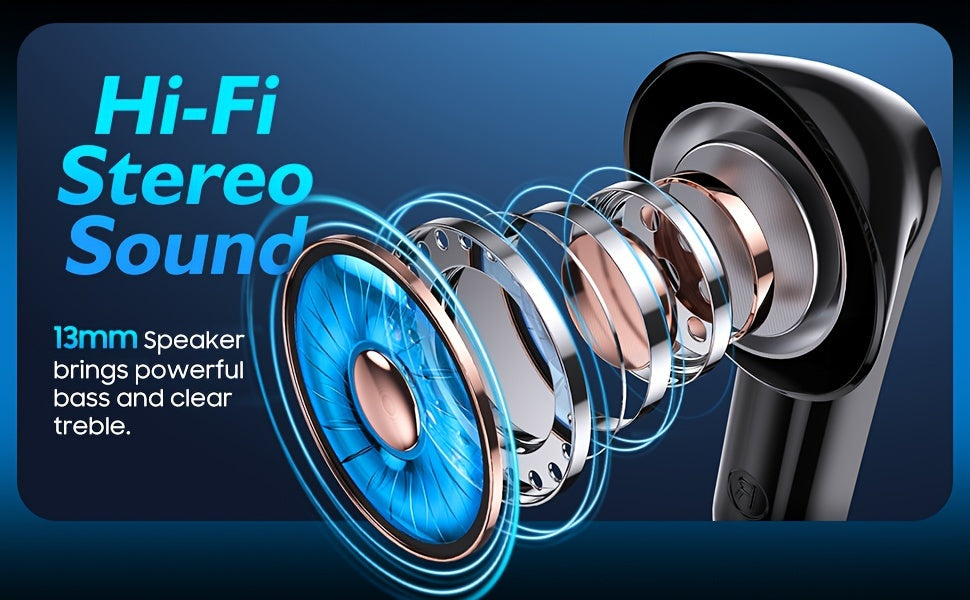 V5.3 Wireless Earbuds with Touch Control, Hi-Fi Stereo, ENC Noise Cancelling Mic, LED Power Display, and Charging Case for Sports Workout