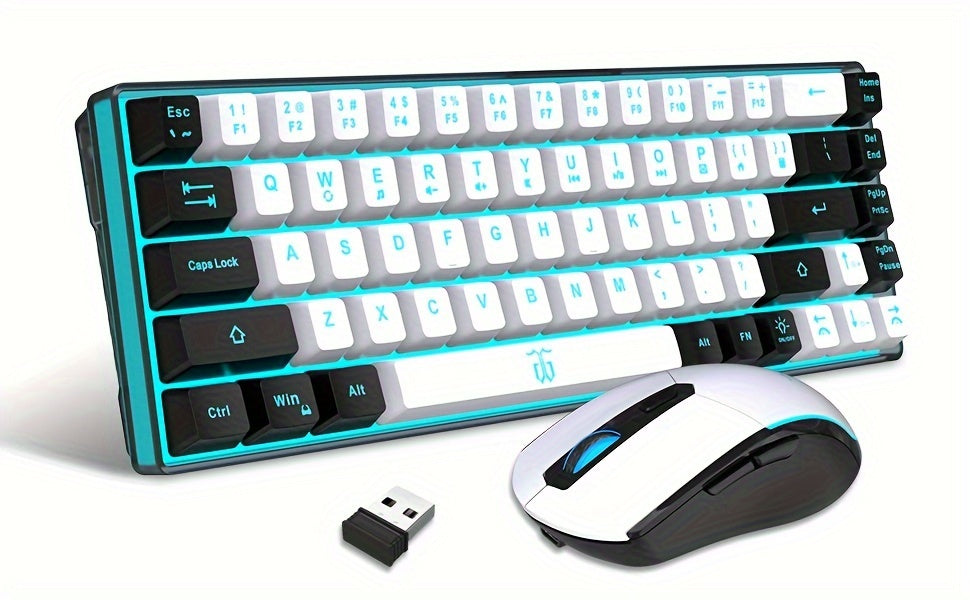 Snpurdiri 60% Wireless Gaming Keyboard and Mouse Combo, Ice Blue Backlit, Rechargeable 2000mAh Battery, Compact Anti-Ghosting Design, Includes RGB Mice for PC & Laptop - White & Black, Gaming Accessories | Compact Keyboard La