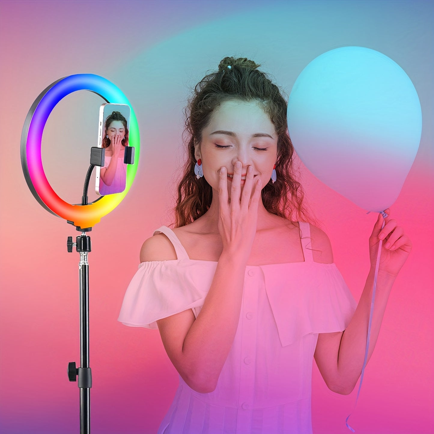 10" Ring Light and Adjustable Stand With 2 Phone Holders - 38 Vibrant Color Modes with Stepless Dimming/Speed Control - Perfect for Makeup, Photography, and Live Streams
