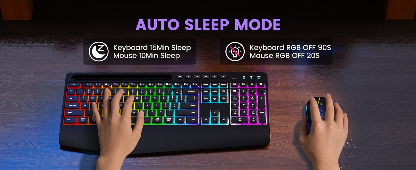 Wireless Keyboard and Mouse RGB Backlit- 2.4G Rechargeable Keyboard Full-Size with Phone/Tablet Holder, Silent Ergonomic Wireless Keyboard Mouse Combo for Computer, PC, Laptop