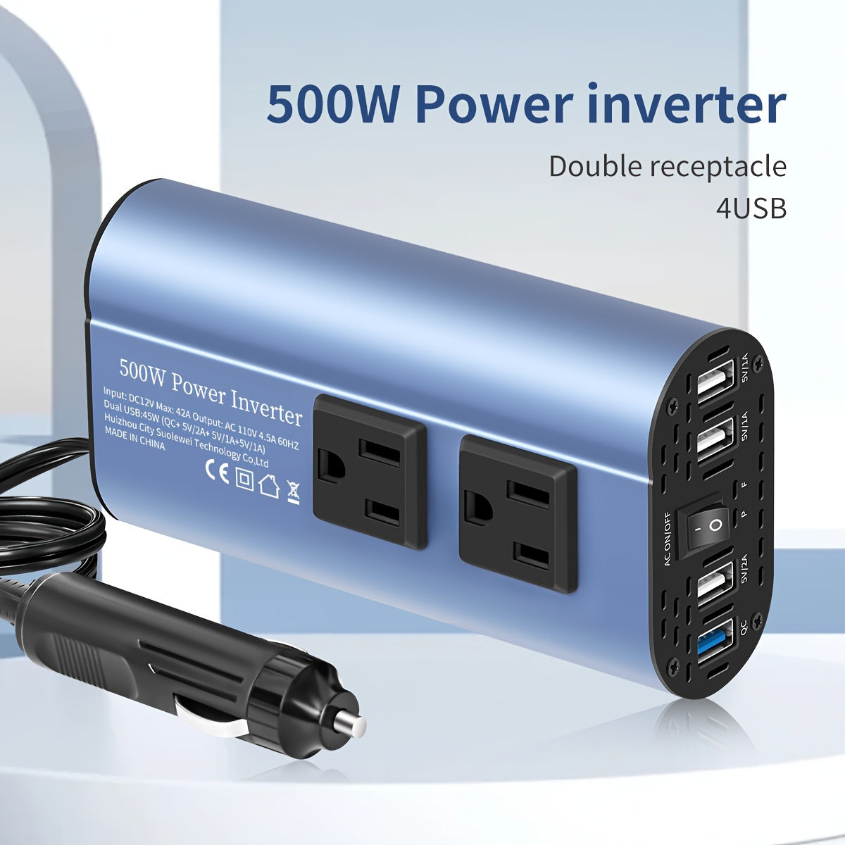 [500W Peak Power] 500W Car Power Inverter Converter - DC 12V to AC 110V, LCD Display, Dual AC Outlets, 4 USB Car Chargers - For Cars, Homes, Laptops, Trucks