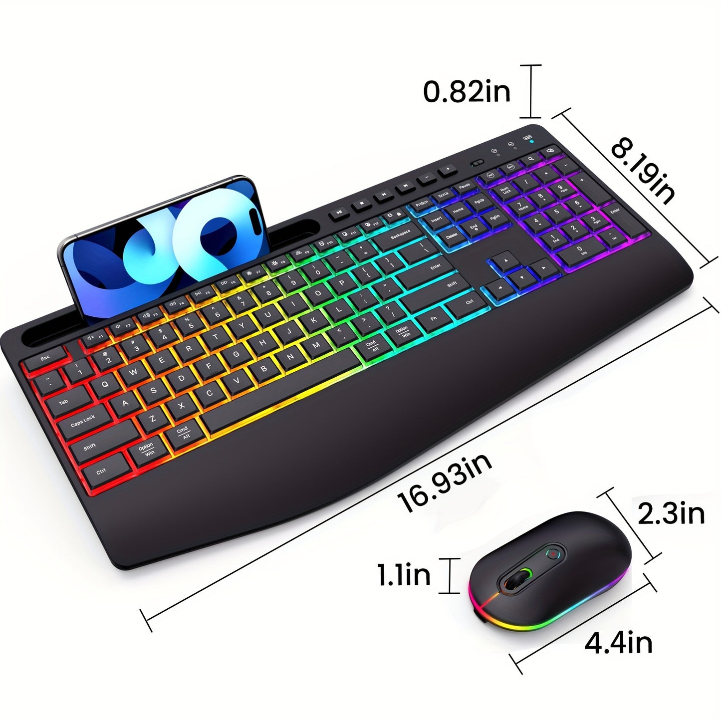 Rechargeable Wireless Keyboard Mouse Combo - Full-Size RGB Backlit Silent Ergonomic Keyboard with Phone/Tablet Holder, 2.4G Wireless Connection, Long-Lasting Battery Life, and Compact Design for Computer, PC, Laptop